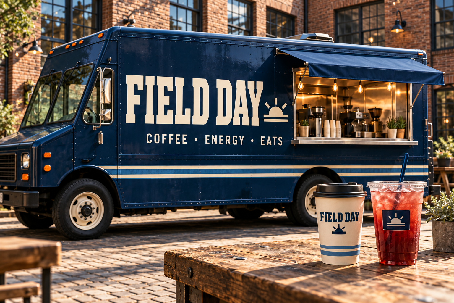 Field Day navy truck concept with coffee and an iced fruit drink on a counter