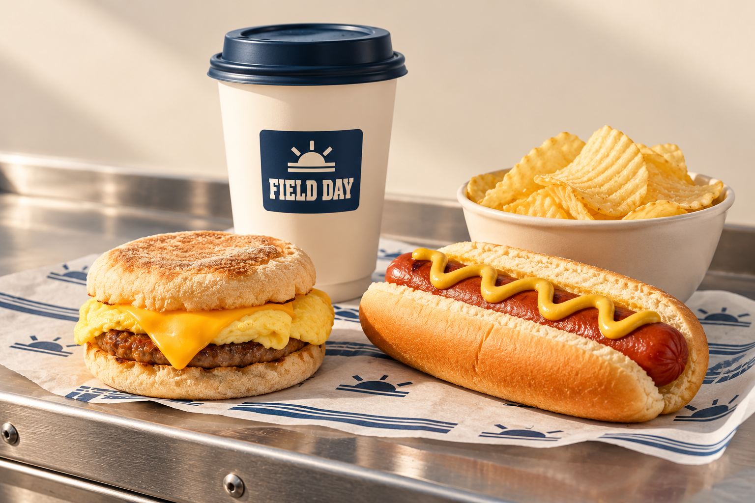 Breakfast sandwich, classic hot dog, chips and coffee menu concepts